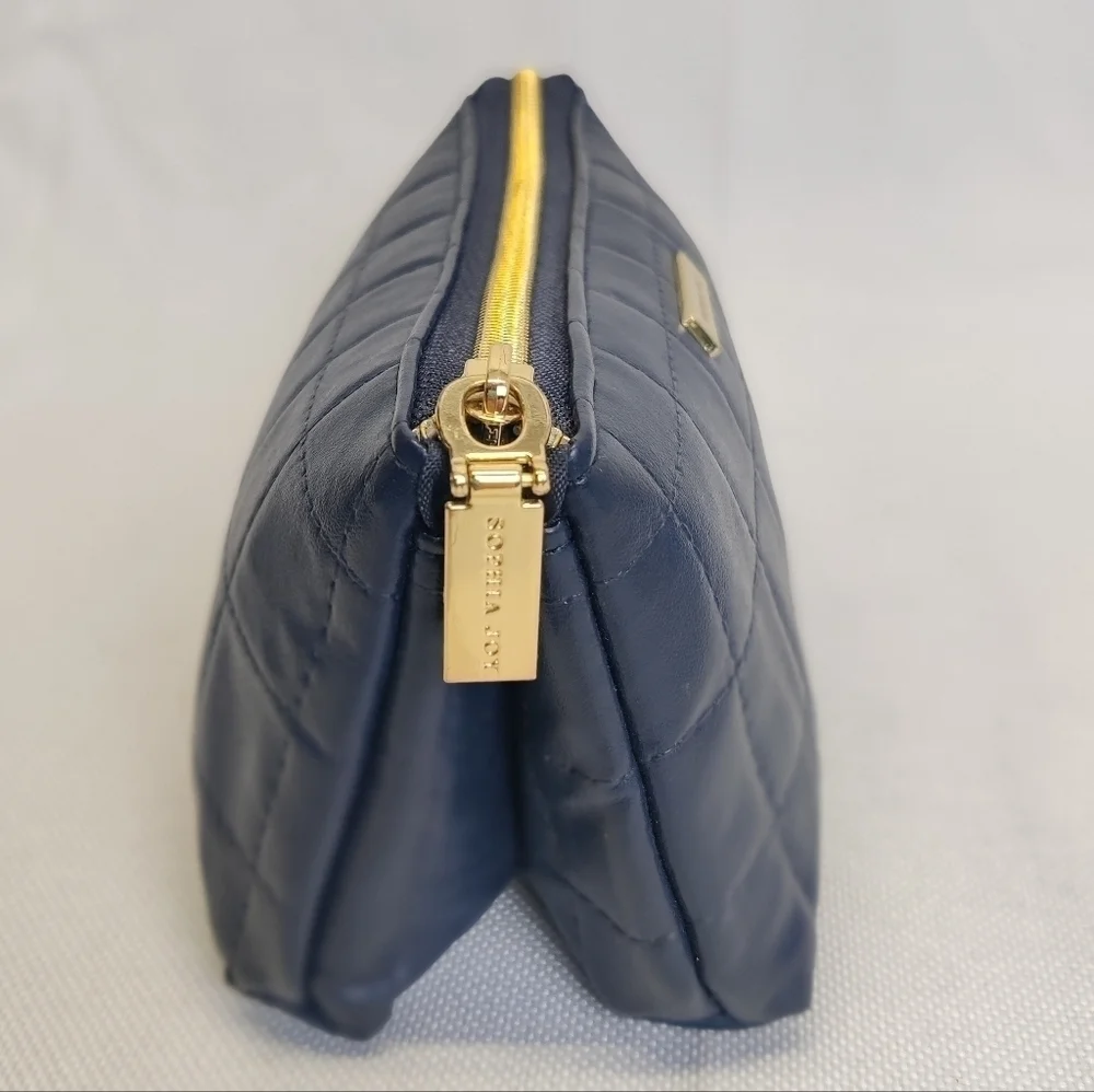 Two New Sophia Joy Makeup Bags Soft Quilted Navy Blue Faux Leather Zippers 4x7